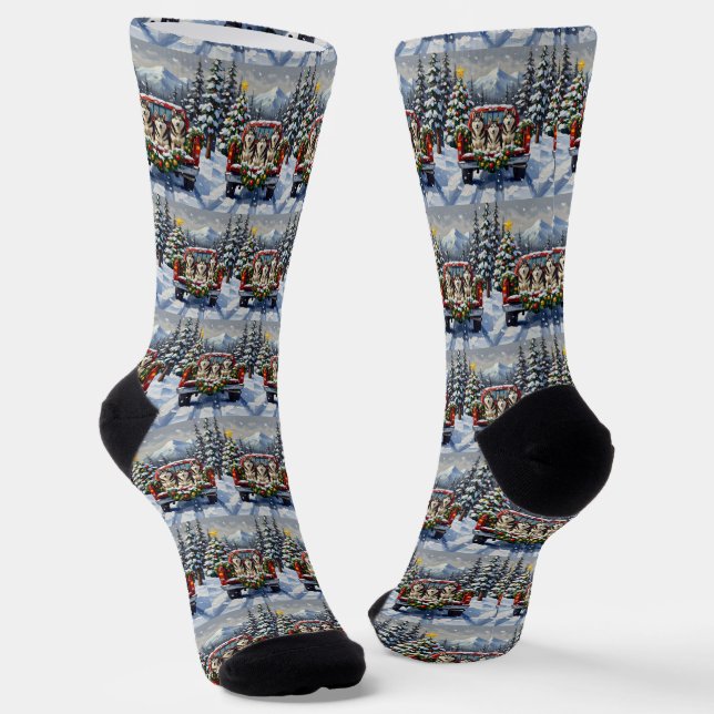 Alaskan Malamute Christmas Red Truck Holiday Socks (Angled)