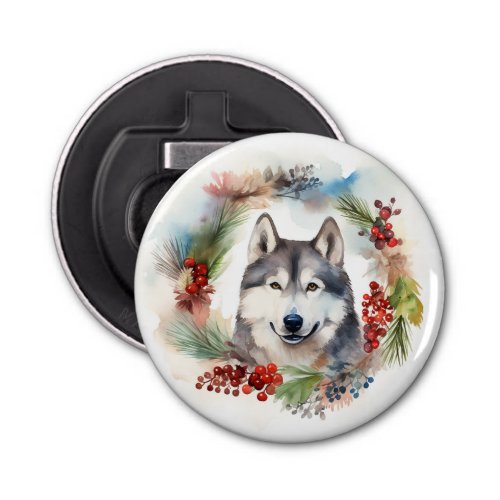 Alaskan Malamute Christmas Wreath Festive Pup  Bottle Opener