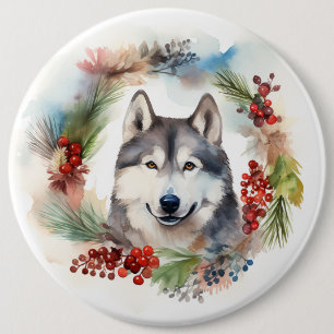 Alaskan Malamute Christmas Wreath Festive Pup Button