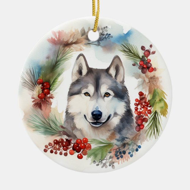 Alaskan Malamute Christmas Wreath Festive Pup  Ceramic Ornament (Front)