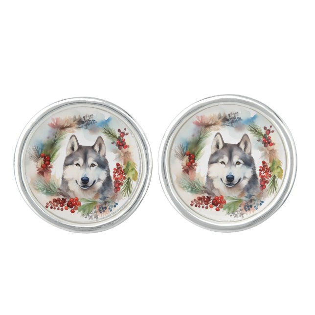 Alaskan Malamute Christmas Wreath Festive Pup  Cufflinks (Front)