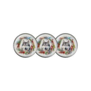 Alaskan Malamute Christmas Wreath Festive Pup  Golf Ball Marker