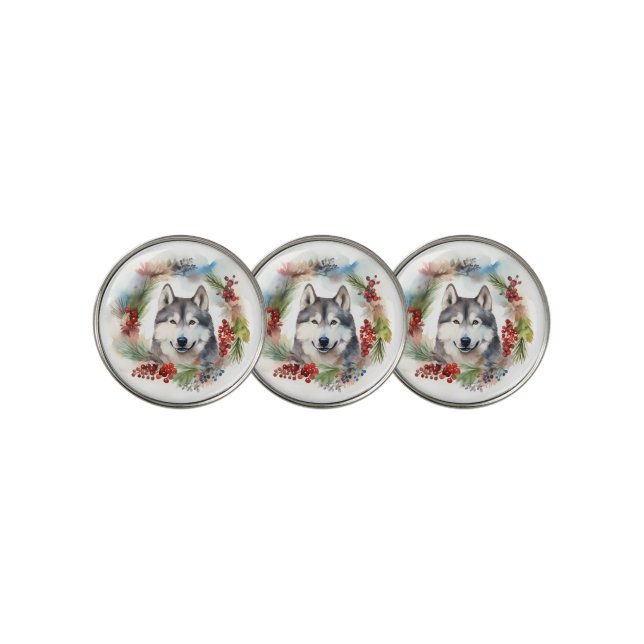 Alaskan Malamute Christmas Wreath Festive Pup  Golf Ball Marker (3 Up)