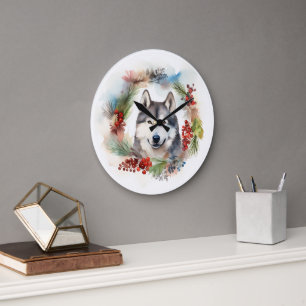 Alaskan Malamute Christmas Wreath Festive Pup Large Clock