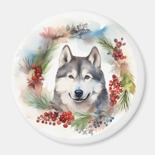 Alaskan Malamute Christmas Wreath Festive Pup Magnet