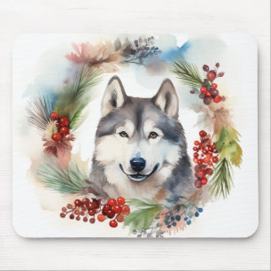 Alaskan Malamute Christmas Wreath Festive Pup Mouse Pad