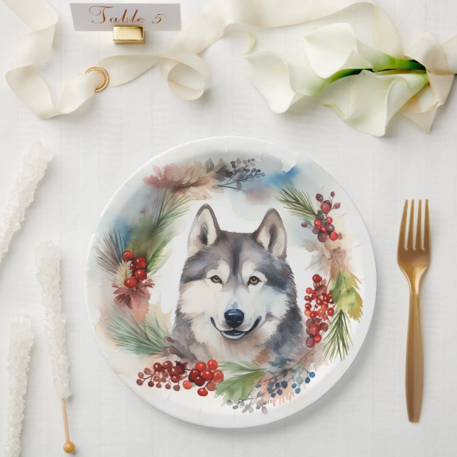 Alaskan Malamute Christmas Wreath Festive Pup  Paper Plates (Wedding)