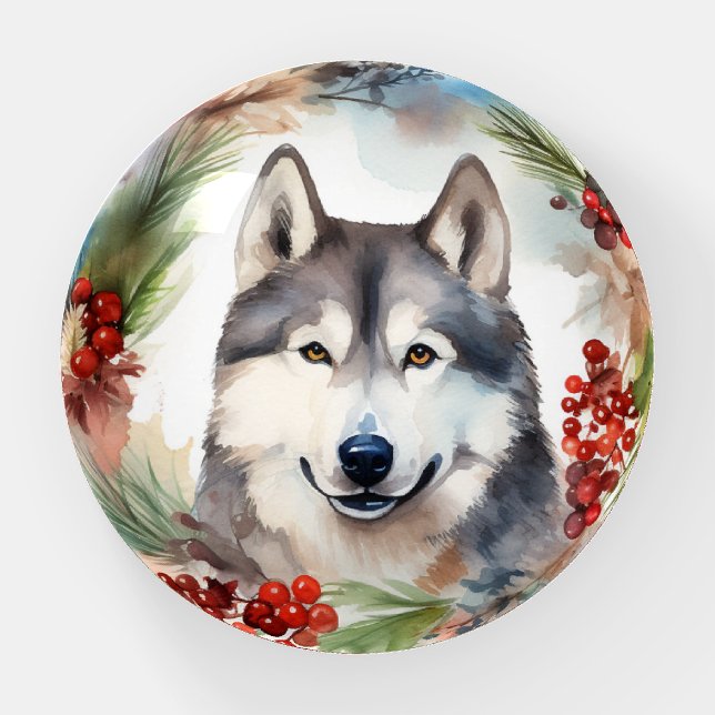 Alaskan Malamute Christmas Wreath Festive Pup  Paperweight (Front)