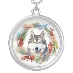 Alaskan Malamute Christmas Wreath Festive Pup  Silver Plated Necklace
