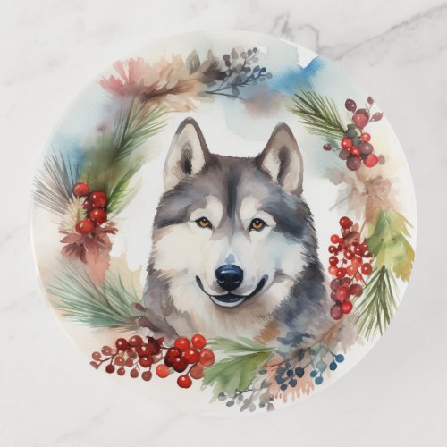 Alaskan Malamute Christmas Wreath Festive Pup  Trinket Tray