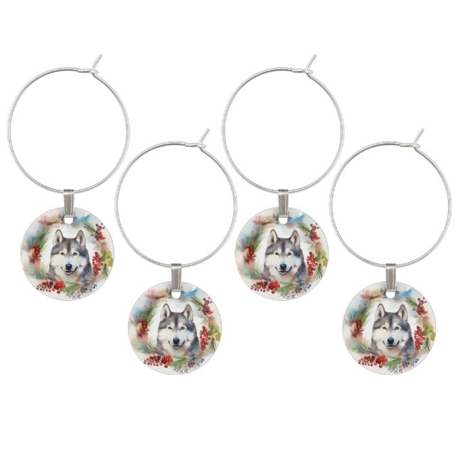Alaskan Malamute Christmas Wreath Festive Pup  Wine Charm (Staggered)