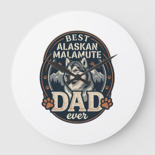 Alaskan Malamute Dad Dog Portrait Mountains Badge Large Clock
