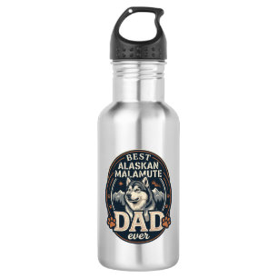 Alaskan Malamute Dad Dog Portrait Mountains Badge Stainless Steel Water Bottle