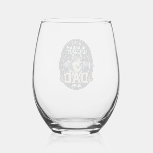 Alaskan Malamute Dad Dog Portrait Mountains Badge  Stemless Wine Glass