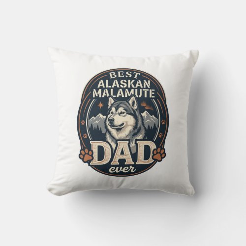Alaskan Malamute Dad Dog Portrait Mountains Badge Throw Pillow