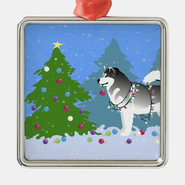 Alaskan Malamute Decorating Christmas Tree Metal Ornament (Front)