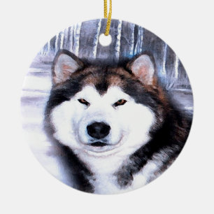 Alaskan Malamute Design by Artist SteJhourre Ceramic Ornament