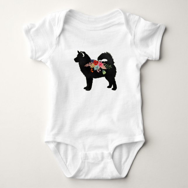 Alaskan Malamute Dog Boho Floral Silhouette Baby Bodysuit (Front)