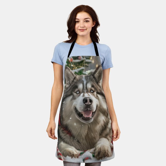 Alaskan Malamute Dog Christmas Festive Apron (Worn)