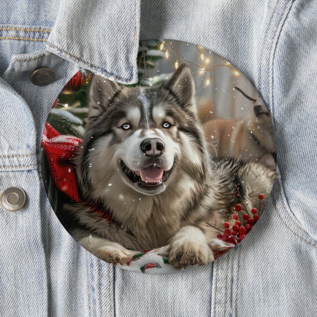 Alaskan Malamute Dog Christmas Festive Button (In Situ)