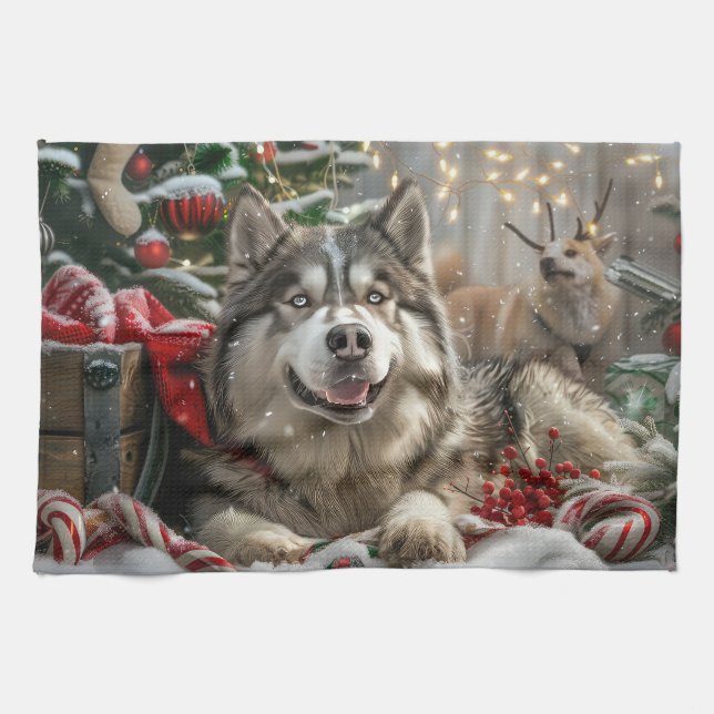 Alaskan Malamute Dog Christmas Festive Kitchen Towel (Horizontal)