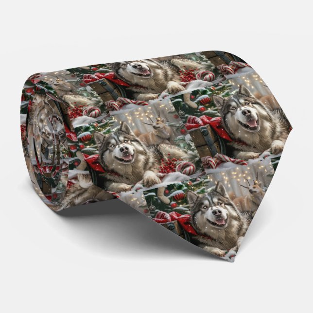 Alaskan Malamute Dog Christmas Festive Neck Tie (Rolled)