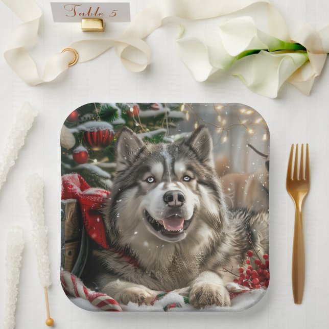 Alaskan Malamute Dog Christmas Festive Paper Plates (Wedding)