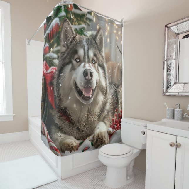 Alaskan Malamute Dog Christmas Festive Shower Curtain (In Situ)