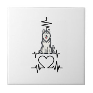 Alaskan Malamute Dog Heartbeat Line Heart Paws Ceramic Tile