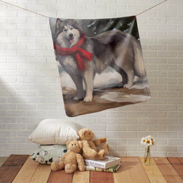 Alaskan Malamute Dog in Snow Christmas Baby Blanket (In Situ)