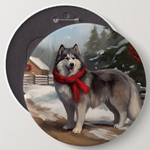 Alaskan Malamute Dog in Snow Christmas Button