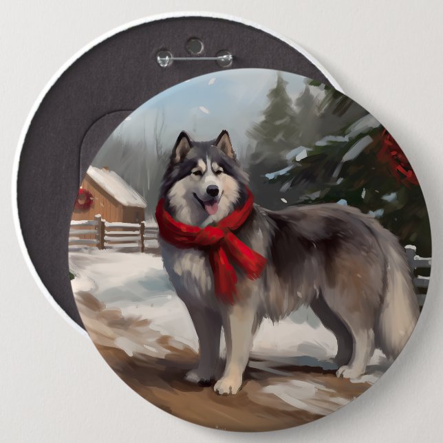 Alaskan Malamute Dog in Snow Christmas Button (Front & Back)