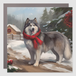 Alaskan Malamute Dog in Snow Christmas Car Magnet