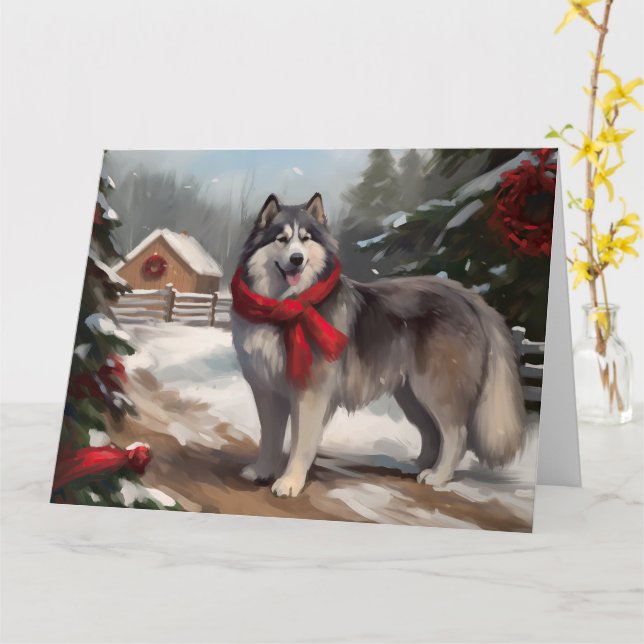 Alaskan Malamute Dog in Snow Christmas Card (Yellow Flower)