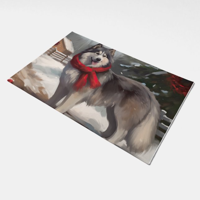 Alaskan Malamute Dog in Snow Christmas Doormat (Angled)