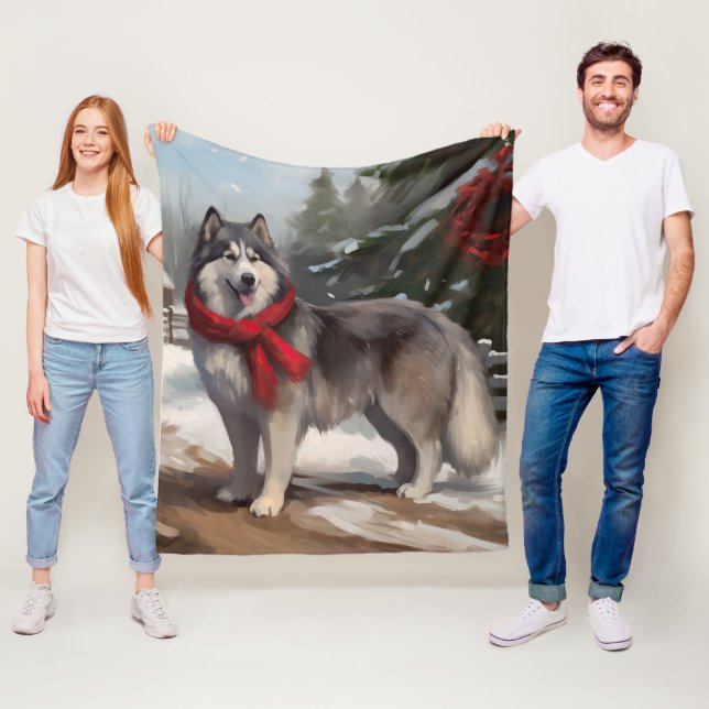 Alaskan Malamute Dog in Snow Christmas Fleece Blanket (In Situ)