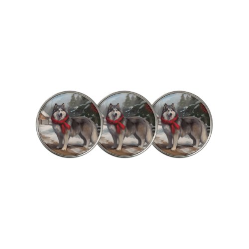 Alaskan Malamute Dog in Snow Christmas Golf Ball Marker