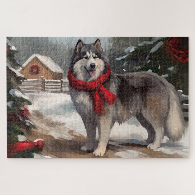 Alaskan Malamute Dog in Snow Christmas Jigsaw Puzzle (Horizontal)