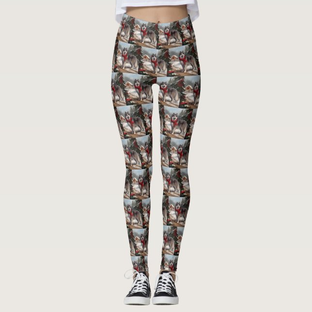 Alaskan Malamute Dog in Snow Christmas Leggings (Front)