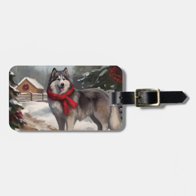 Alaskan Malamute Dog in Snow Christmas Luggage Tag (Front Horizontal)
