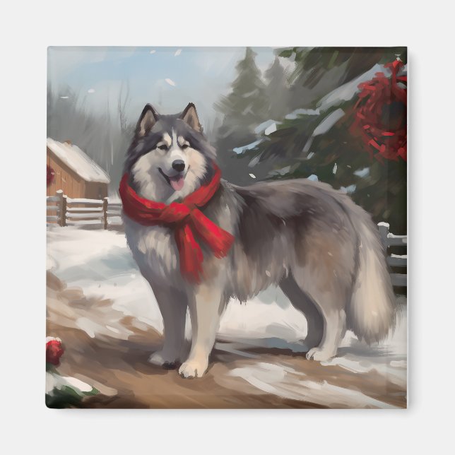 Alaskan Malamute Dog in Snow Christmas Magnet (Front)
