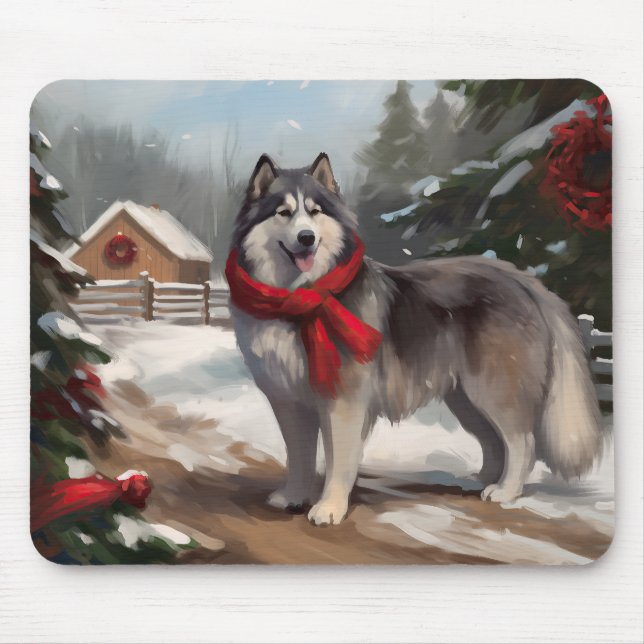 Alaskan Malamute Dog in Snow Christmas Mouse Pad (Front)