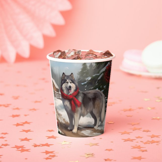 Alaskan Malamute Dog in Snow Christmas Paper Cups (Insitu)