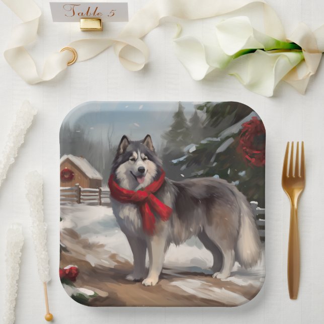 Alaskan Malamute Dog in Snow Christmas Paper Plates (Wedding)