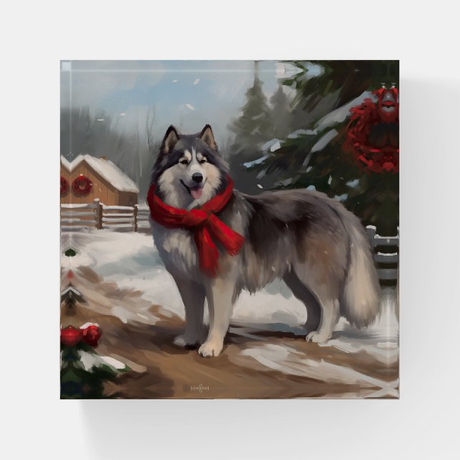 Alaskan Malamute Dog in Snow Christmas Paperweight (Front)