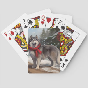 Alaskan Malamute Dog in Snow Christmas Poker Cards