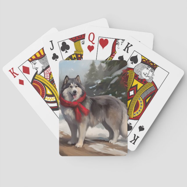 Alaskan Malamute Dog in Snow Christmas Poker Cards (Back)
