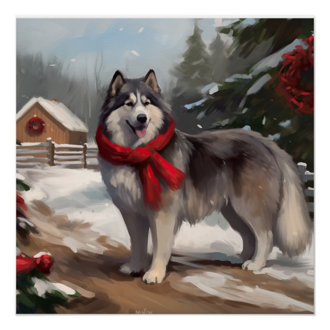 Alaskan Malamute Dog in Snow Christmas Poster (Front)