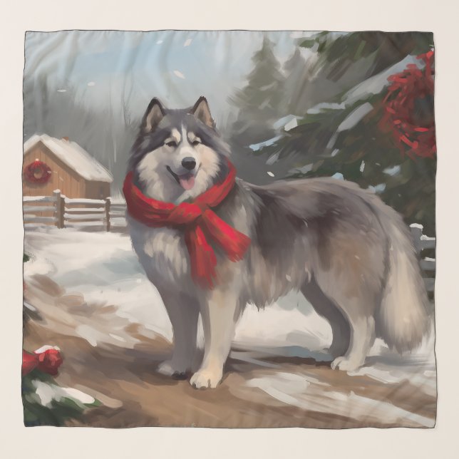Alaskan Malamute Dog in Snow Christmas Scarf (Front)
