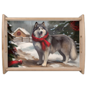 Alaskan Malamute Dog in Snow Christmas Serving Tray